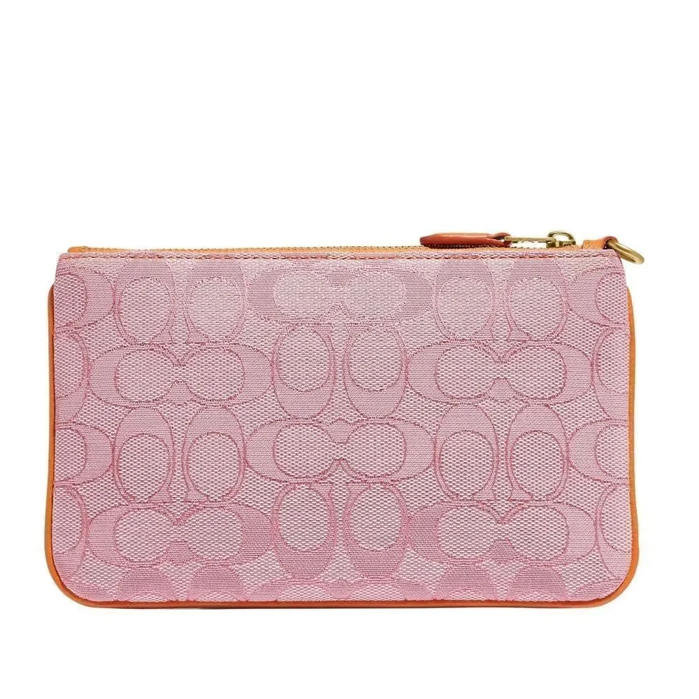 New! COACH Small Wristlet in Signature Jacquard Pebbled Leather B4/Taffy Orange - Picture 2 of 5